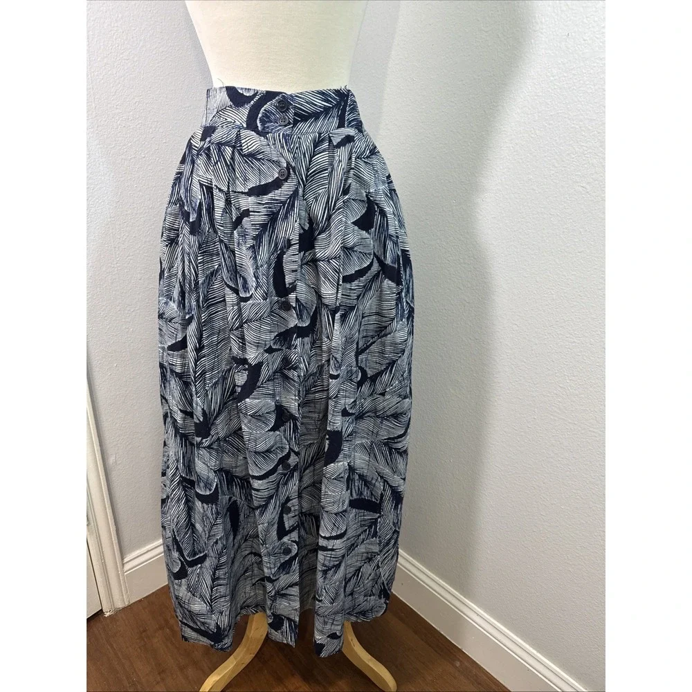 Vtg Country Shop Skirt Womens 14 Navy Leaf Print Maxi Button Front Made USA‎